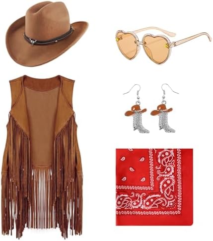 Cowgirl Outfits for Girls Kids 6 Pcs Western Costume Accessories Cowboy Hat Fringe Vest Earring for Halloween Party