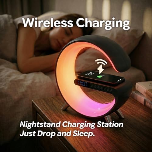 Smart LED Table Lamp for Bedroom with Wireless Charging Bluetooth Speaker, App Controlled Night Light for Kids, Christmas Birthday Gifts for Teens Adults Desk Office Bedroom Decor (Black