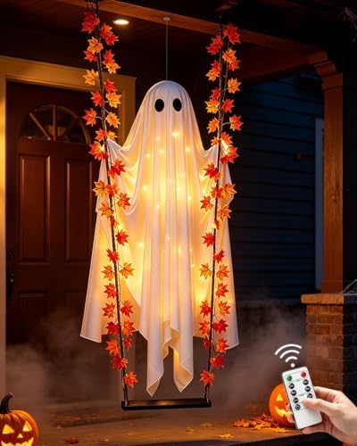 Large 6FT Halloween Swinging Ghost Decoration, Light Up Hanging Ghost