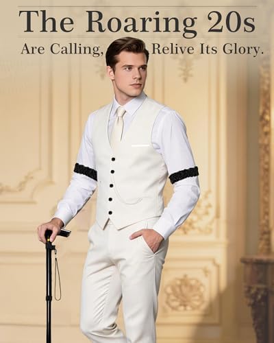 1920s Mens Costume, Roaring 20s Costumes for Men 1920s Mens Outfit with Walking Cane Vest Hat 1920 Mens Accessories
