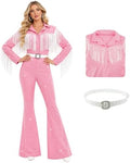 Women's Queen of Country Singer Costume Halloween Pink Fringe Bodysuit