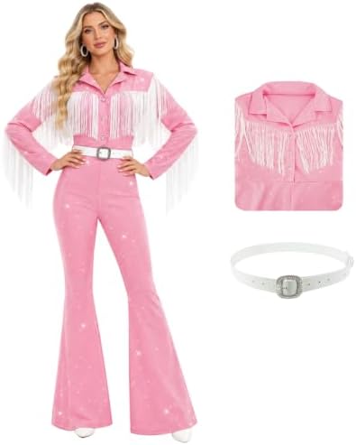 Women's Queen of Country Singer Costume Halloween Pink Fringe Bodysuit