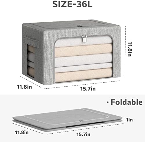 Clothes Storage Bins with Metal Frame, Clear Window, 36L, Light Grey,2-Pack