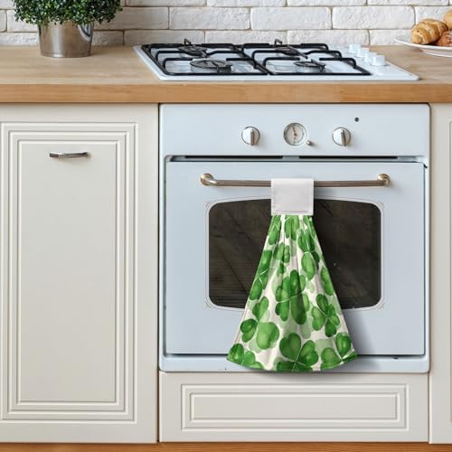 St Patricks Day Clover Hanging Kitchen Towel Green Lucky Shamrocks Hand Towels with Loop Set of 2 Tea Bar Dish Cloths Soft Absorbent Durable Tie Towel for Bathroom Decor 12 x 17 in