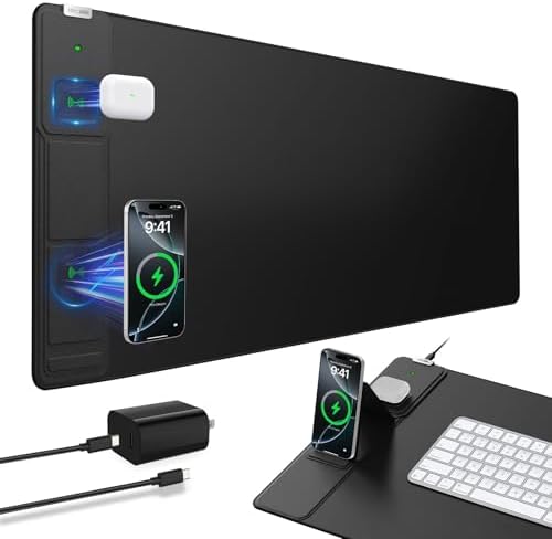 Wireless Charging Mouse Pad with Foldable Phone Holder, 31.5"x15.8", Black