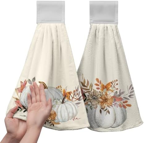 Fall White Pumpkins Hanging Hand Towels Set of 2 Autumn Watercolor Fall Leaves Kitchen Towels with Hanging Loop Thanksgiving Holiday Bath Towels Soft Absorbent Fingertip Dish Tie Towel for Bathroom