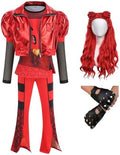 Girls Red Costume Set Jacket Shirt Flared Pants Wig Gloves 5pcs Outfit Halloween Christmas Party 3-14Y
