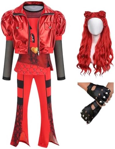 Girls Red Costume Set Jacket Shirt Flared Pants Wig Gloves 5pcs Outfit Halloween Christmas Party 3-14Y