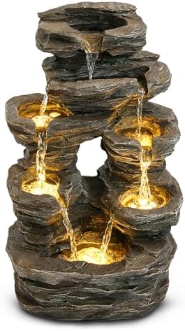 7-Tier Cascading Outdoor Fountain with LED Lights, 23 inch H Fountains and Waterfalls Stone-Look for Garden, Patio, Yard Decor