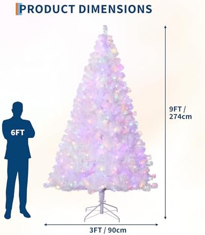 GarveeHome 9 ft Prelit Artificial Christmas Tree with 800 Warm White Lights, Pre-Lit Snow Flocked Pencil Christmas Tree, Foldable Base,Holiday Decoration for Home, Office, Party,Laser White
