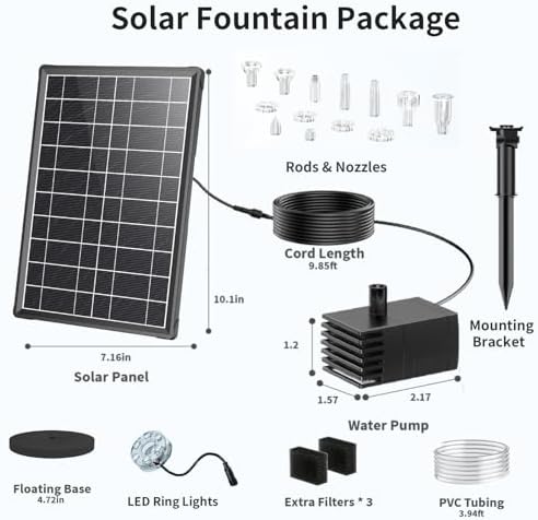 Antfraer 8W Solar Fountain Pump Built-in 3600mAh Battery & LED Lights, Solar Powered Water Pump with Double-Layer Nozzle & 5ft Tubing, Solar Water Fountain For Bird Bath Pond Garden DIY Water Features