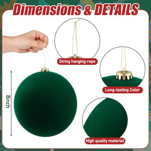 Hollowfly 12 Pcs 8 Inch Extra Large Velvet Christmas Balls Oversized Huge Big Christmas Tree Ornaments Balls for Family Holiday Xmas Tree Hanging (Dark Green)