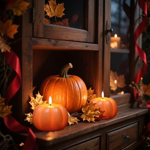 Wondise Fall Decorations Flameless Wax Pumpkin Candles with 6H Timer