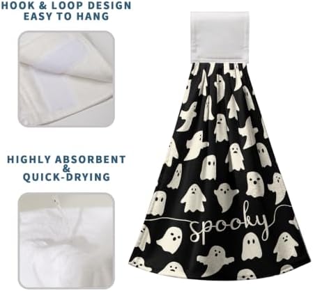 Halloween Kitchen Hanging Towel Set of 2 Black White Spooky Ghost Kitchen Hand Towels with Hanging Loops Dish Washcloth Soft Absorbent Bath Tie Towel for Bathroom Decor