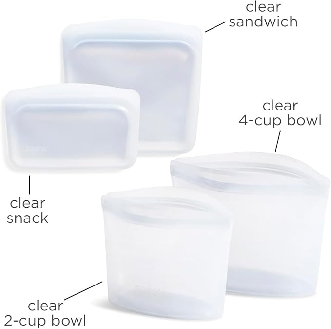 Stasher Premium Reusable Silicone Food Storage Bags, 4-Pack, Clear | Food-Safe Silicone, Eco-Friendly, Reusable Freezer Bags, Microwave, Dishwasher, Oven, Snack Bags, Lunch Containers, Meal Prep