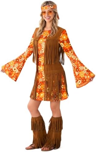 Spooktacular Creations Halloween Orange Hippie Costume Women, Costume for Women, 70s Outfit for Halloween Party