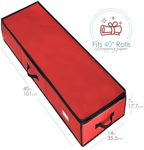Hearth & Harbor Wrapping Paper Storage Container - Christmas Storage Bag with Ribbon Dispenser and Interior Pockets - Gift Wrap Organizer Fits Up to 26 Rolls of 40" Length, Red