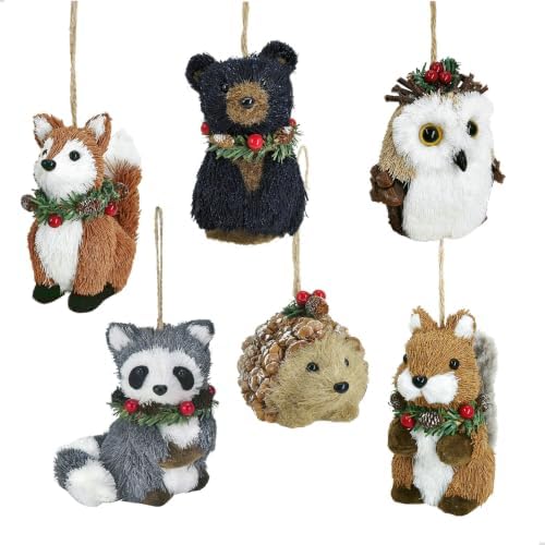 naturevibe Sisal Woodland Animals Christmas Tree Ornaments Mini Set of 6
