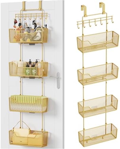 HapiRm Over The Door Organizer - Hanging Door Organizer with 4 Metal Large Capacity Baskets and Adjustable Coat Hook for Bathroom Bedroom Kitchen Pantry Closet Cabinet