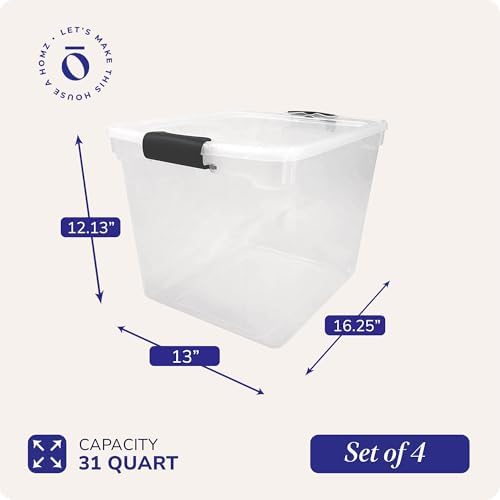 HOMZ Clear Plastic Storage Bins with Latching Lids, 31 Qt, Gray, 4 Pack