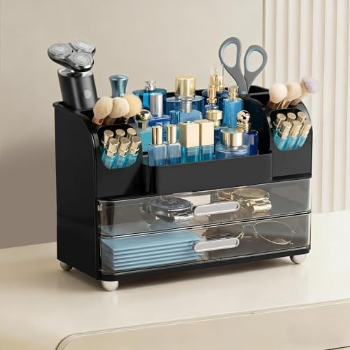 HBlife Makeup Organizer for Vanity with Brush Holder, Cologne Organizer for Men, Large Bathroom Countertop Cosmetic Organizer Skin Care Storage, Easy to Store Lipsticks, Nail Polishes, Perfumes, Black