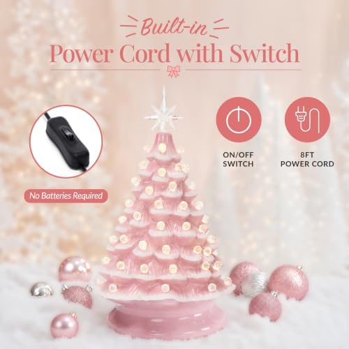 Best Choice Products 15in Ceramic Christmas Tree, Pre-lit Hand-Painted Tabletop Pinkmas Holiday Tree, Star Topper, 64 Lights - Pink w/White Bulbs