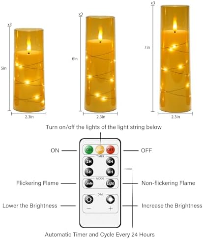kakoya Flameless LED Candles with Timer 9 Pc Flickering Flameless Candles for Romantic Ambiance and Home Decoration Stable Acrylic Shell,with Embedded Star String，Battery Operated Candles（Gold）