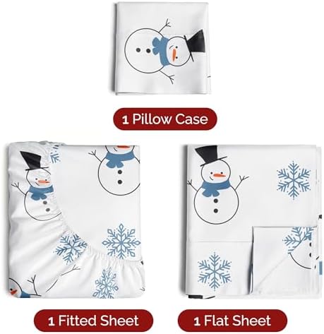 Christmas Sheet Set, Snowman, Festive Holiday Xmas Bedding Set - Twin Size