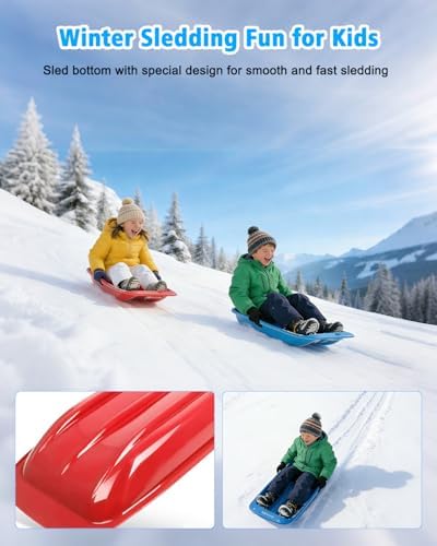 Sleds for Kids, Snow Toboggan Sled with Stickers, Handles and Pull Rope,35 Inch Durable Snow Sled for Kids, Cold-Resistant Plastic Sled
