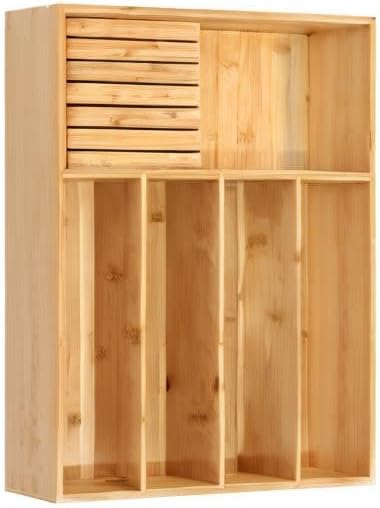 VaeFae Bamboo Silverware Organizer (Non-expandable), Utensil Holder for Drawer, Cutlery Tray with Divider for Kitchen Drawer, Utensil Organizer with Knife Block
