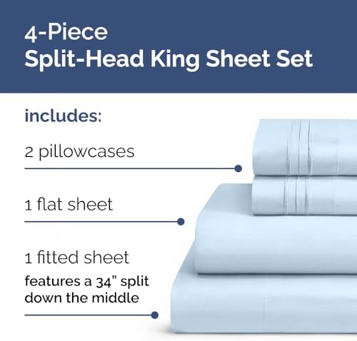 Flex Top Split Head King 4 Piece Sheet Set - Soft & Breathable - Sky Blue