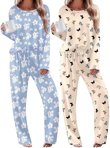 Ekouaer 2 Pack Womens Pajama Sets Long Sleeve Long Pants Pjs Loungewear