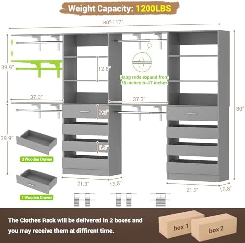 Aheaplus Closet System, Wood Closet Organizer System with 8 Drawers &4 Rods