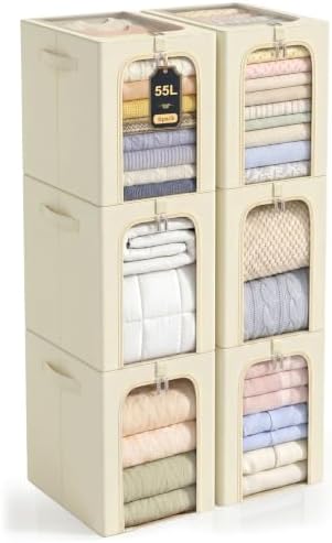 GoMaihe Blanket Storage Bins with Metal Frame for Closet, 55L 6-Pack Beige