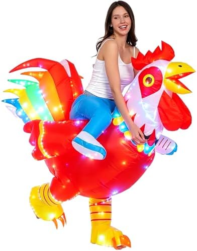 Inflatable Rooster Costume with LED Lights, Blow Up Full Body Chicken Costume for Adults, Funny Light Up Fancy Dress for Halloween Carnival Easter Party Cosplay
