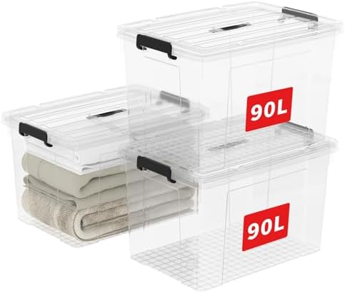 Cetomo Lidded Storage Bin with Handle, Tote Organizing Container with Durable Lid and Secure Latching Buckles, Stackable and Nestable, Plastic, 95 Quart-3 Pack, Clear