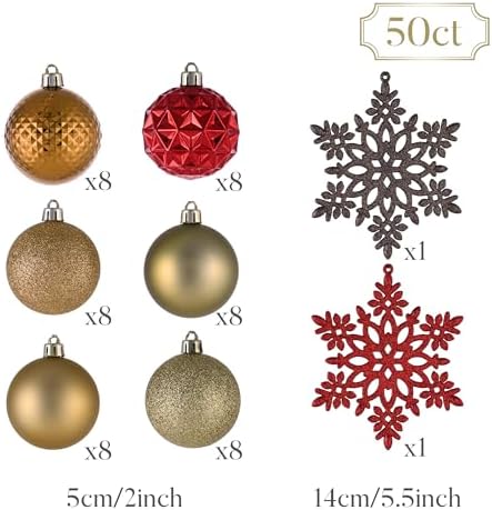 Valery Madelyn Christmas Tree Decorations Ornament Set, 50ct 2 Inches Red and Brown Shatterproof Christmas Ball Ornaments Hanging Xmas Holiday Party Decor