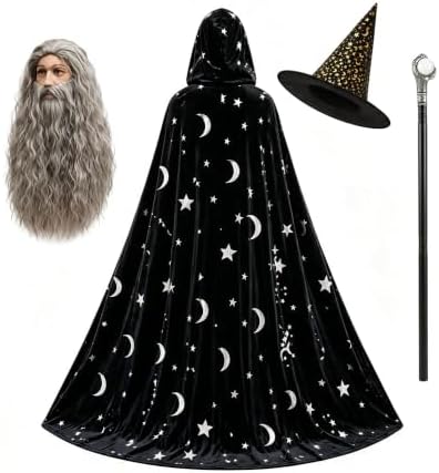 Wizard Costume Men with Wig Wizard Outfit Adult Warlock Robe