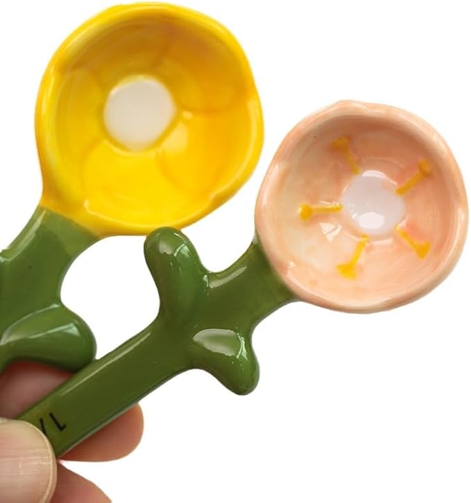 Ceramic Flower Measuring Spoon Set,Decorative FlowerPot Measuring Spoons and Cup Set in Pot, Flower Baking Scale Spoons with Base for Dry and Liquid Ingredient, 1/4 Tsp,1/2 Tsp,1Tsp,1Tbsp (2*Pink)
