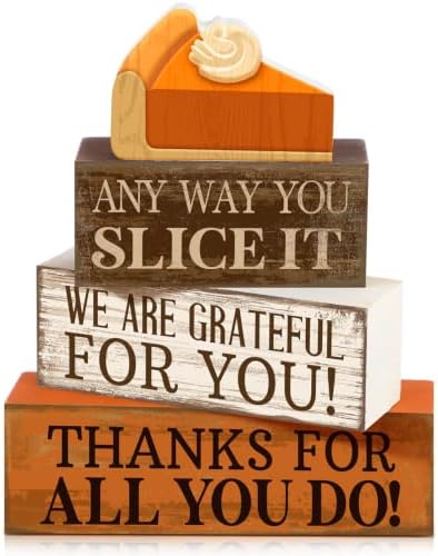 Moucuny 4 Pcs Fall Coffee Table Decor, Grateful Pumpkin Pie Wood Block Sign