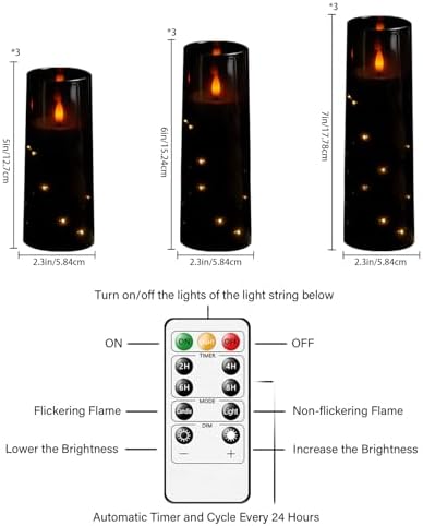kakoya Flameless LED Candles with Timer 9 Pc Flickering Flameless Candles for Romantic Ambiance and Home Decoration Stable Acrylic Shell,with Embedded Star String,Battery Operated Candles（Black）
