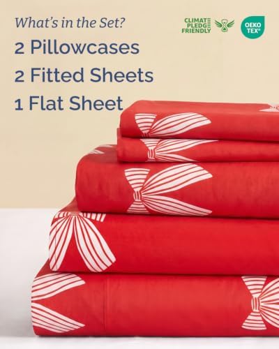 Christmas Sheet Set, Red Ribbon Bows, Holiday Xmas Bedding Set - Split King