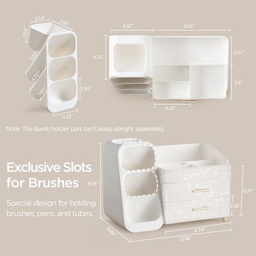 HBlife Makeup Organizer with Brush Holder for Vanity, Large Plastic Bathroom Countertop Organizer Skin Care Storage, Easy to Store Nail Polishes, Perfumes, Eyeshadow Palettes, Pearl All White