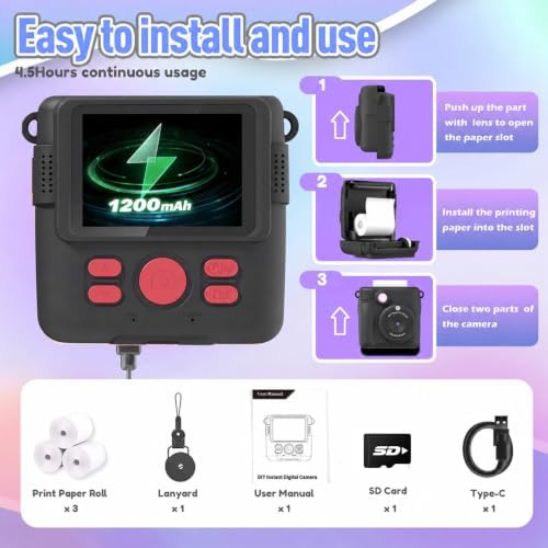 ESOXOFFORE Kids Camera Instant Print, Christmas Birthday Gifts for Kids Age 3-12, Selfie Digital Camera with 1080P Videos,Toddler Portable Travel Cameras Toy for 4 5 6 7 8 9 Year Old Boys Black