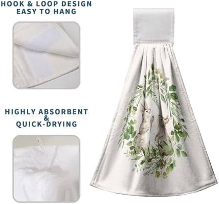 He is Risen Easter Kitchen Hanging Towels Set of 2 Easter Bunny Cross Hand Towels with Hanging Loop Spring Rabbits Green Leaf Wreath Dish Tie Towel Soft Absorbent Fingertip Bath Towel for Bathroom