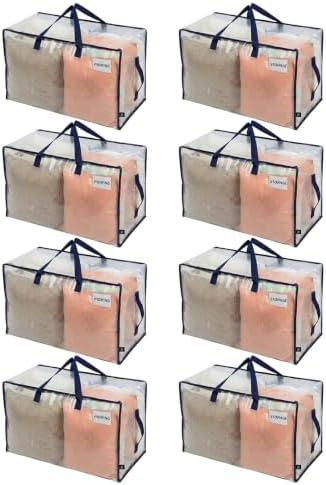 VENO 8 Pack Clear Extra Large Moving Bags & Storage Totes, Heavy Duty Organizer with Reinforced Handles & Strong Zippers for Clothes, College Dorm Essentials, Moving Supplies