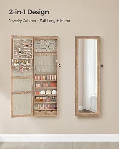 SONGMICS 6 LEDs Mirror Jewelry Cabinet, 47.2-Inch Tall, Lockable