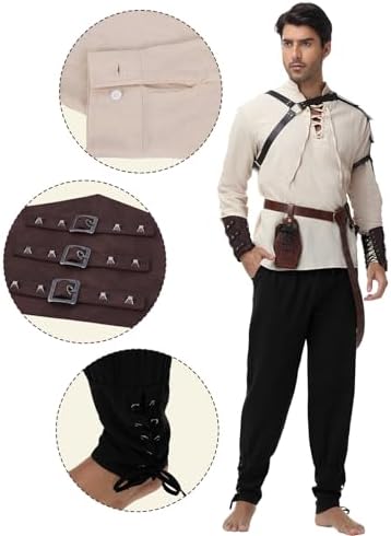 Men's Renaissance Costume,8 Piece Medieval Viking Pirate Outfit Set