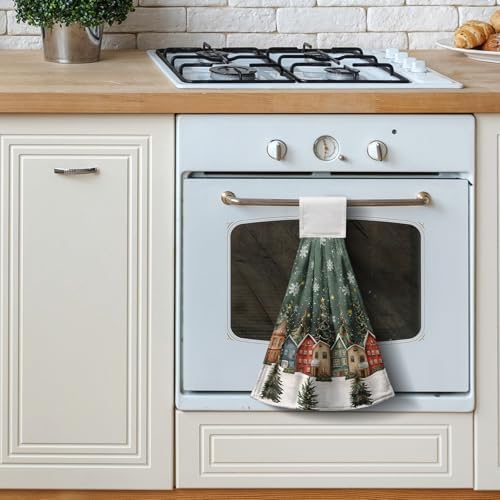 Christmas Hanging Hand Towels Xmas Wonderland Forest House Dish Towel with Hanging Loops Winter Rustic Farmhouse Kitchen Tie Towel Soft Absorbent Fingertip Bath Tie Towel for Bathroom Set of 2