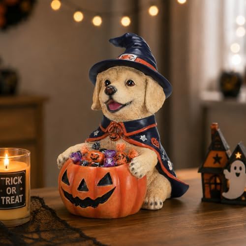 Halloween Decorations Labrador Puppy Figurine with Pumpkin Candy Bowl
